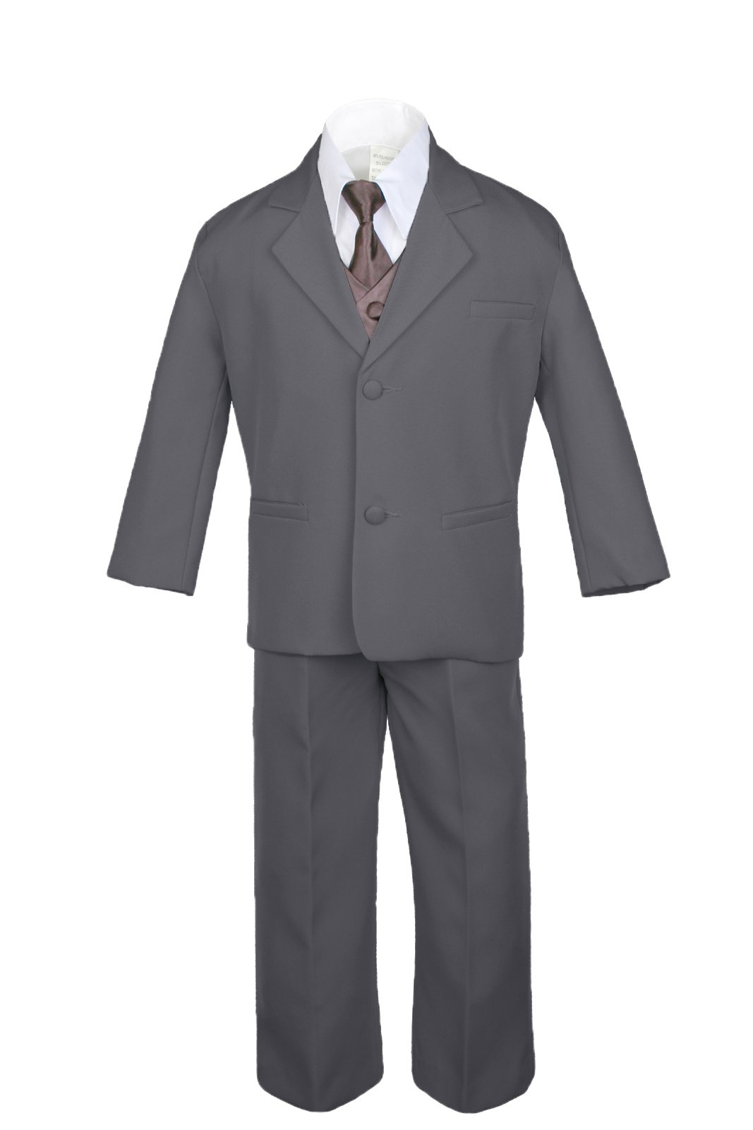 7pc Formal Boy Dark Gray Suits Extra Satin Brown Vest Necktie Set S-20 (18)