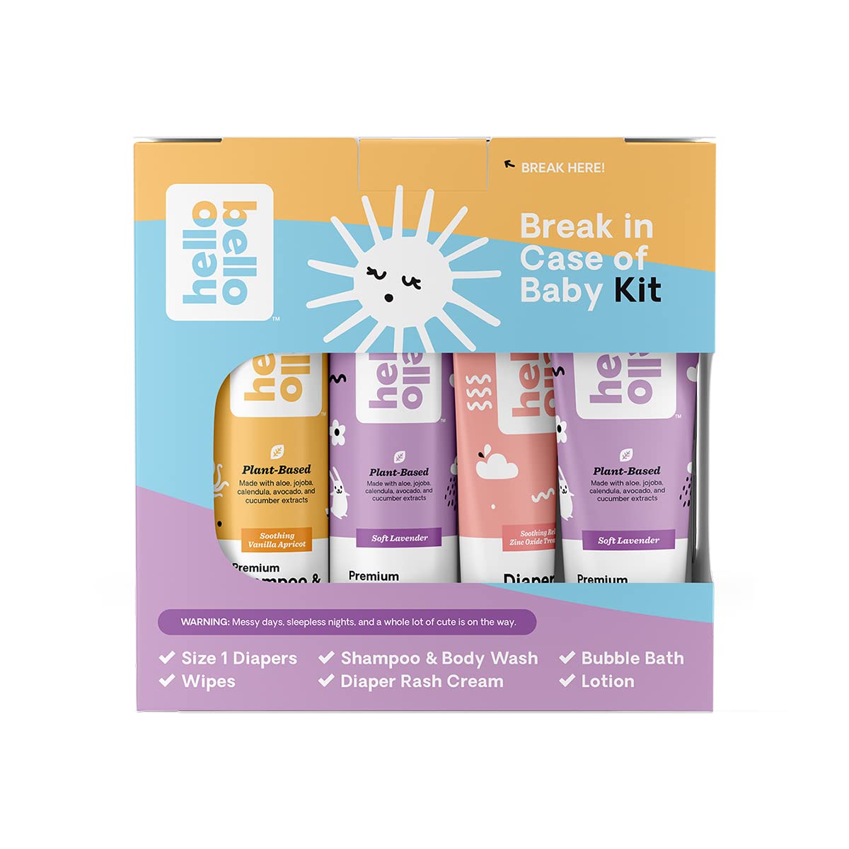 Hello Bello Break in Case of Baby Kit Gift Set with Shampoo & Body Wash, Bubble Bath, Lotion, Diaper Cream & Size 1 Diapers | Hypoallergenic, Vegan and Cruelty Free for Babies and Kids