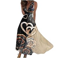 Prom Dresses for Women Summer Beatiful Print Zipper Hem Loose Long Dresses Sexy Deep V Neck Sleeveless Swing Dress