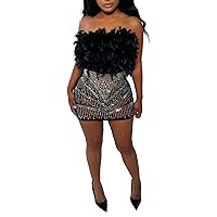 LROSEY Women's Sexy Feather Birthday Dress Bodycon Mesh Sheer Strapless Sleeveless Rhinestone HOCO Mini Dresses 2023