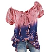 Womens Tops Casual Floral Print Tie Dye Tunic 2024 Summer Lace Short Sleeve Shirts V Neck Drawstring Loose Fit Blouse