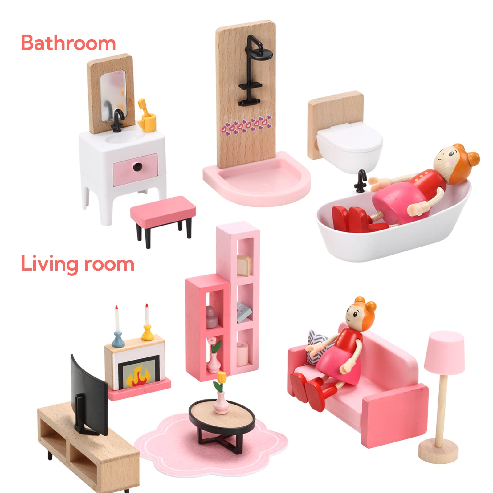 Wooden Dollhouse Furniture Set, 36pcs Furnitures with 4 Family Dolls, Dollhouse Accessories Pretend Play Furniture Toys for Boys Girls & Toddlers 3Y+, Pink
