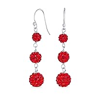 Black Red White Crystal Pave Round Graduated Three Tier Disco Ball Linear Dangle Earrings for Women Teen.925 Sterling Silver