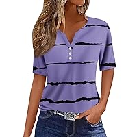 Classy Fall Long T Shirts Women's Short Sleeve Home Polyester Slim Fits Tee Women Soft V Neck Striped Button Purple XXL