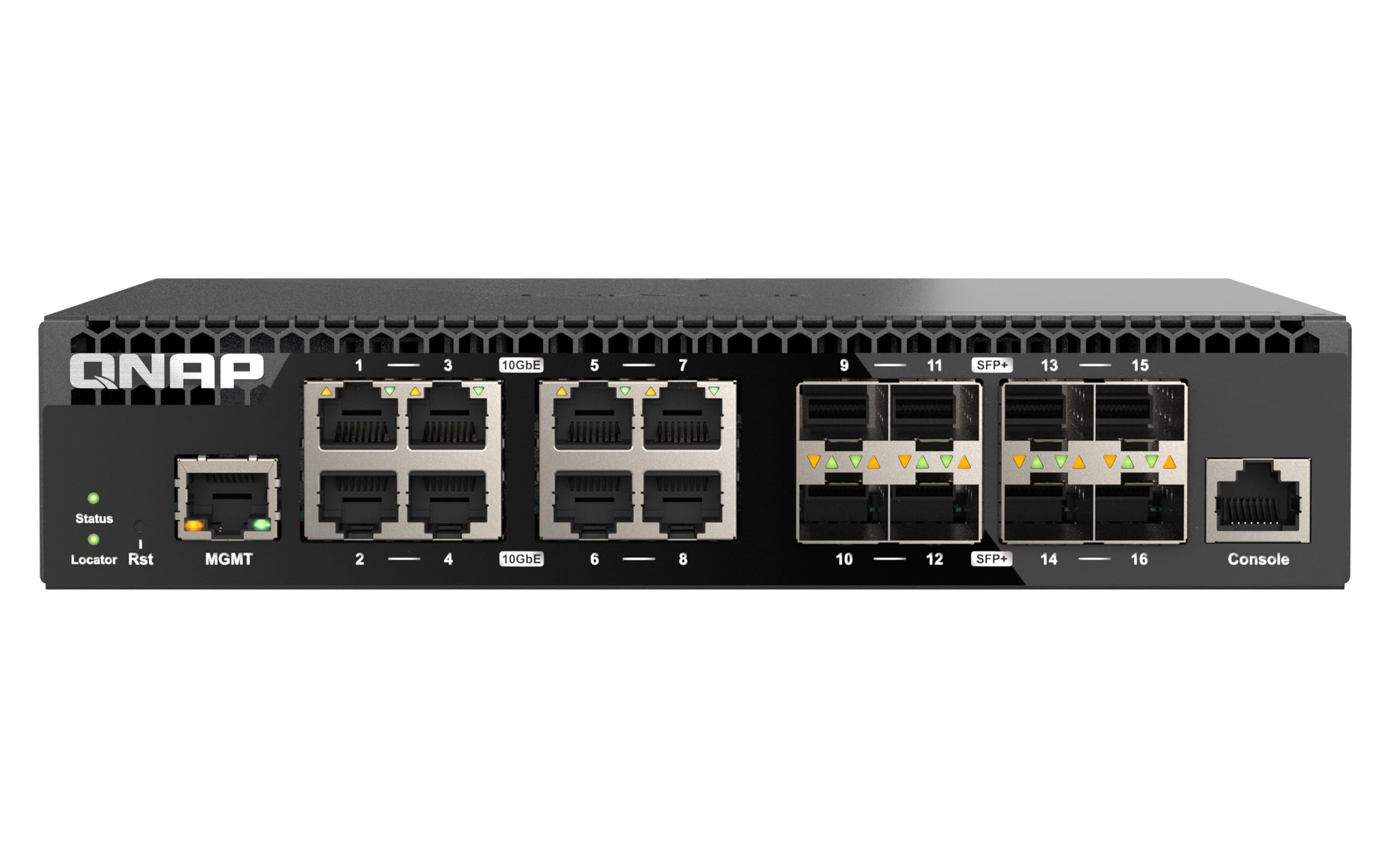 QNAP 16-Port Half-Width Rackmount 10GbE Managed Network Switch (QSW-M3216R-8S8T-US). Layer 2, Web Management