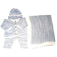 Knitted Crochet Finished Blue Dark Grey Tweed Cotton Cardigan Pant Hat Blanket