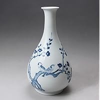 MellowBreez 10'' Korean Blue and White Porcelain Vase with Sparrow and Plum Blossom Drawings - Korean National Treasure Reproduction - Oriental, Asian, China Chinoiserie Antique Vase