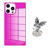 Omorro Compatible with iPhone 15 Pro Max Square Case Ring Holder Finger Kickstand Neon Bright Fluorescence Luxury Bling Metal Cute Butterfly Cell Phone Ring Stand