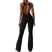 ABOCIW Flare Jumpsuits for Women Sleeveless Scoop Neck Cut Out Back Bodycon Rompers Full Length Casual Unitard Playsuit Athletic Yoga Workout Flare Pants Rompers #1 Black Medium