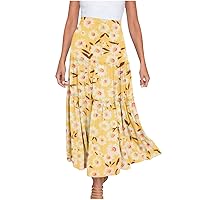 Womens Boho Midi Skirts Ladies Floral Print High Waist A-Line Skirt Pleated Flowy Western Skirts Casual Ruffle Long Skirt