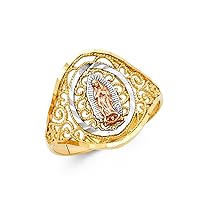 14k Yellow White Rose Gold Virgin Mary Ring Lady Guadalupe Tapered Band Filigree Style 16MM, Size 7.5
