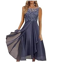 Women's Summer V Neck Short Sleeve Solid Color Chiffon Dresses Lace Panel Weeding Guest Maxi Dress