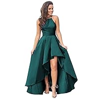 CWOAPO Halter High Low Evening Party Dress Satin Homecoming Dresses A Line Cocktail Gowns with Pockets