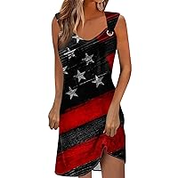 4th of July Sundresses for Women 4th of July Dress for Women America Flag Print Sexy Vintage Fashion with Sleeveless Round Neck Splice Dresses Wine XX-Large