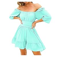 Womens Summer Dresses Square Neck Tie Back Lantern Sleeve Ruffle A-Line Casual Beach Dress