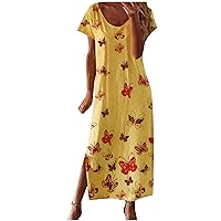 Women's Bohemian Beach Casual Summer Print Flowy Short Sleeve Long Floor Maxi Swing Dress Round Neck Trendy
