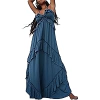 Womens Summer Spaghetti Strap Long Dress Boho Low Cut Dress Backless Bodycon Midi Dress Bohemian Maxi Dress Beachwear