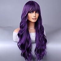 Dark Purple Long Curly Wavy Hair Wig for Women With Bangs Purple Wig Heat Resistant Synthetic Hair Wigs for Daily Use Cosplay Wig With Wig Cap
