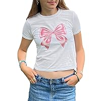 Short Sleeve Baby Tees for Women Graphic and Letter E Girl Crop Tops Vintage Grunge Slim Fit T-Shirt for Teen Girl (Bow White, S)