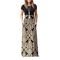 GRECERELLE Women's Short Sleeve Floral Print Loose Plain Maxi Dresses Casual Long Dresses with Pockets FP-Khaki Small