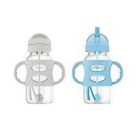 Dr. Brown's Milestones Wide-Neck Sippy Straw Bottle with 100% Silicone Handles and Weighted Straw, 9 oz/270 mL, Gray & Blue, 6m+
