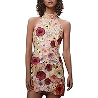 Embroidery Halter Bodycon Dress Women's 3D Floral Embroidery Dress Sheer Mesh Lace Bodycon Party Cocktail Mini Dress