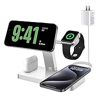 Magnetic Charging Station,PDKUAI for MagSafe 4 in 1 Fast Wireless Charger Stand for iPhone 15,14,13,12 Pro/Max/Mini/Plus, Apple Watch 9/8/7/6/SE/5/4/Ultra and Airpods Pro/3/2/1 with Adapter-White