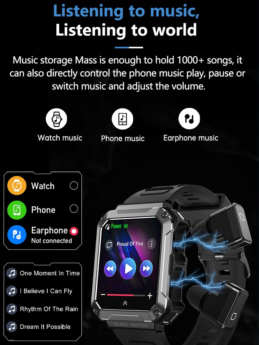 APOYOU Military Smart Watch with Earbuds, 1.96