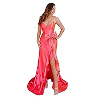 Mermaid Satin Prom Dresses Spaghetti Straps V Neck Formal Dresses Slit Party Dresses