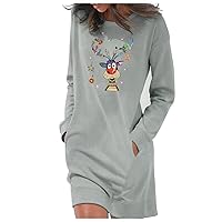 Christmas Dress Women's Casual Solid Color Long Sleeve Round Neck Pocket Dress Merry Christmas