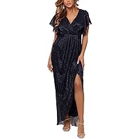 B&A by Betsy and Adam Womens Metallic Faux-Wrap Evening Dress Navy 6