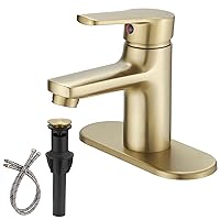 BWE Brushed Gold Bathroom Faucet Single Handle Vanity Faucet with Pop Up Drain Stopper and Faucet Supply Hose 1 Hole Single Handle Modern RV Lavatory Basin Mixer Tap