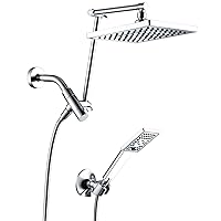 BRIGHT SHOWERS High Pressure Rain Shower Head Combo with Double Extension Arm, 8 Inch Rainfall Shower Head with Handheld Spray, Height Adjustable Dual Square Showerhead Set, Chrome