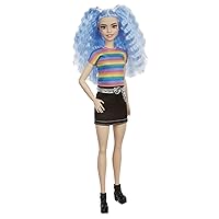 Barbie Fashionistas Doll with Long Blue Crimped Hair, Star Face Makeup, Multi-Color Striped Tee, Denim Skirt, Black Boots & Silvery Chain Belt, Toy for Kids 3 to 8 Years Old