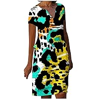 Linen Dresses for Women 2023 Summer V Neck Print Tunic Dress Womens Casual Short Sleeve Knee-Length Beach Dress