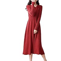 Women's Merino Wool Dress Autumn and Winter Round Neck Pleated A-Line Dress