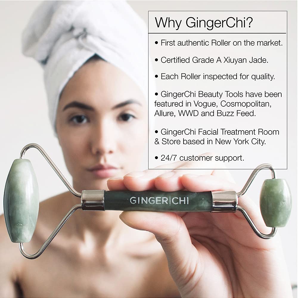 Ginger Chi Jade Roller for Face Care - Anti Aging Skin Roller for Face, Eyes, Cheeks, Forehead & Neck- Natural Skin Care Facial Tools- Made from Real Jade Gua Sha Stone