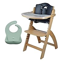 Abiie Beyond Junior Natural Wood/Black Cushion Convertible 3-in-1 Wooden High Chairs for 6 Months to 250 lbs, and Ruby Wrapp Sage Green Waterproof Silicone Bibs with Front Pocket - Baby Essentials