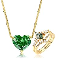 Heart Necklace and Moss Agate Ring 14K Gold Plating Jewelry Set on Birthday Mother's Day Anniversary