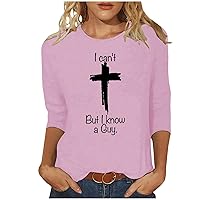 Deal of The Day I Can't But I Know A Guy Easter Shirt for Women Jesus Faith Cross Graphic 3/4 Sleeve Tops Christian Religious Tunic Tshirt 2024 Spring Summer Crewneck Blouse
