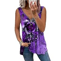 Women's Stand-Alone V-Neck Zipper Rose Flower Print Casual Vest Women's Top (Purple,4XL)