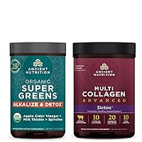 Ancient Nutrition Multi Collagen Advanced Powder Cleanse & Detox, Unflavored, 36 Servings + Organic SuperGreens Detox & Alkalize Powder, 25 Servings