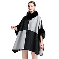 Color Block Wool Blends Cape Coat Faux Fur Collar Overcoat Loose Long Batsleeves Cloak Women Fall Winter Mantle