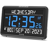 DreamSky Digital Clock with Date and Day of Week for Seniors - Colorful Large Display Calendar Clock for Elderly Dementia Bedroom Bedside, Adjustable Backlight, 6 Loud Alarms, Battery Backup, Auto DST