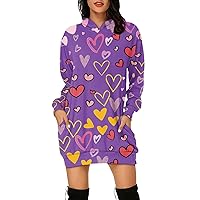Valentines Dress for Women 2024 Long Dresses Fashion Valentine's Day Heart Print Hooded Pockets Sweatshirt Dress