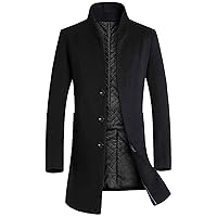 Men Mid-length Slim-fit Woolen Coat With Stand-collar Solid Color Quilted Lined Wool Pea Coats(1-Black M)