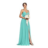 Women's V Neck Chiffon Bridesmaid Dresses with Pockets Long Ruched A Line Formal Dress with Slit Mk001