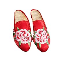 Summer Women Canvas Flat Mules Slippers Ladies Cotton Slides Chinese Style Flower Embroidered Pointed Toe Shoes