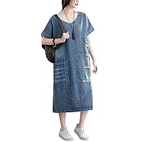 Women Dress Summer Loose Fit Casual Short Sleeve Retro Denim Dress with Big Pocket