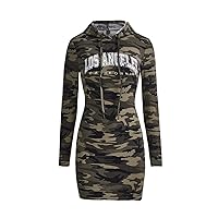 Camo & Letter Graphic Drawstring Hooded Bodycon Dress